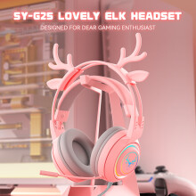 SUSUchens SY-G25 Kabelgebundener Kopfhörer mit HiFi-Sound, Geräuschunterdrückung, farbigen Lichtern, Cartoon-Hirschen, 3,5-mm-Klinkenstecker,