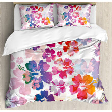 Hawaiian Duvet Cover Set, Exotic Floral Island Theme Tropical Hawaii Flowers Print, 3-Piece Bedding with 2 Pillowcases, Pink Orange