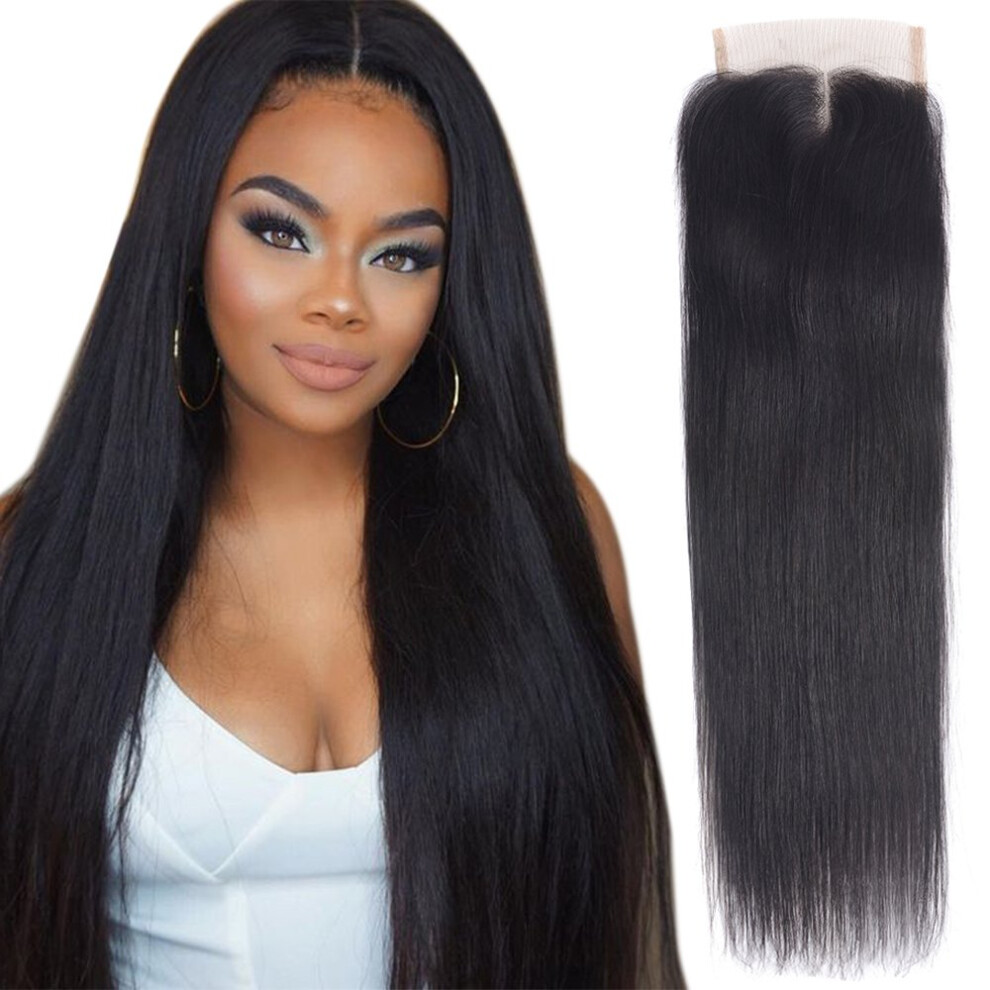 Unisex Black 14 Inch Malaysian Lace Closure Virgin Human Hair Straight 4X4 Middle Part Natural Swiss Lace