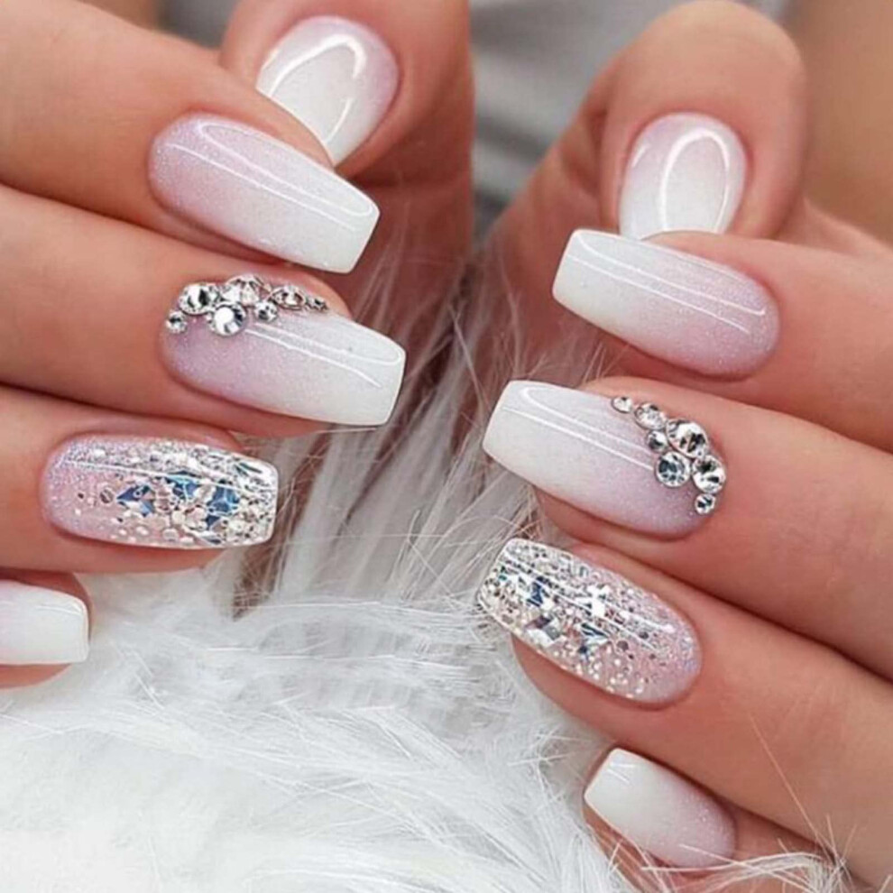 Medium Coffin Press On Nails with Crystal Gem Gradient Design, Reusable Fake Nails 24pcs