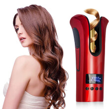 Automatic Curling Iron with Ceramic Ionic Barrel, LCD Display, AntiTangle Rotating Wand, Red