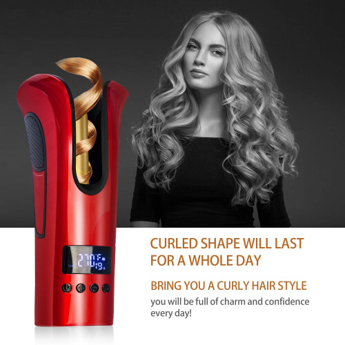 Automatic Curling Iron with Ceramic Ionic Barrel, LCD Display, AntiTangle Rotating Wand, Red 2