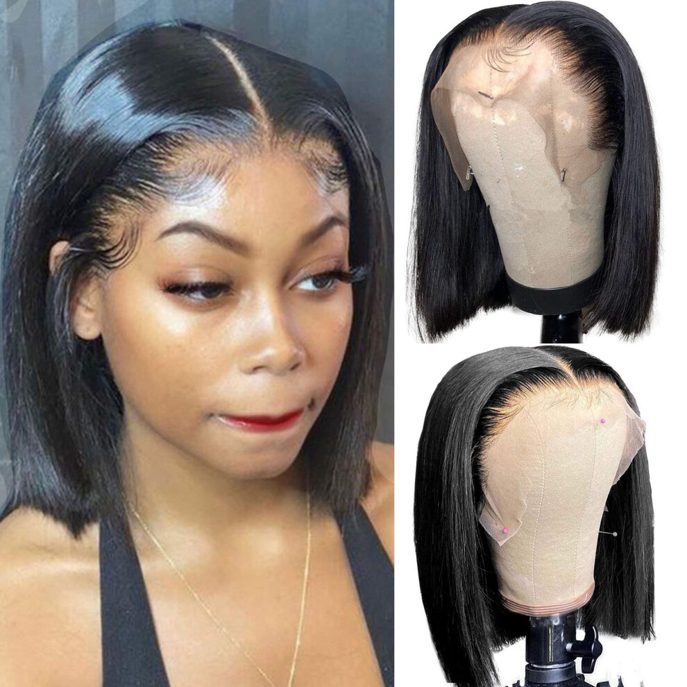 Unisex Human Hair Lace Front Wig 13X6 Swiss Lace Pre Plucked Silky Straight Bob 10 Inch 180 Density #1B