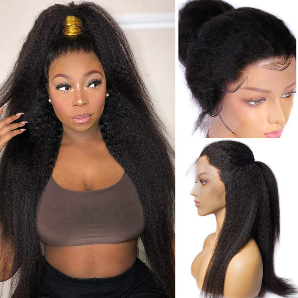 Unisex Human Hair Lace Front Wig 13X4 Brazilian Kinky Straight Pre Plucked 150% Density Natural Hairline 10Inch