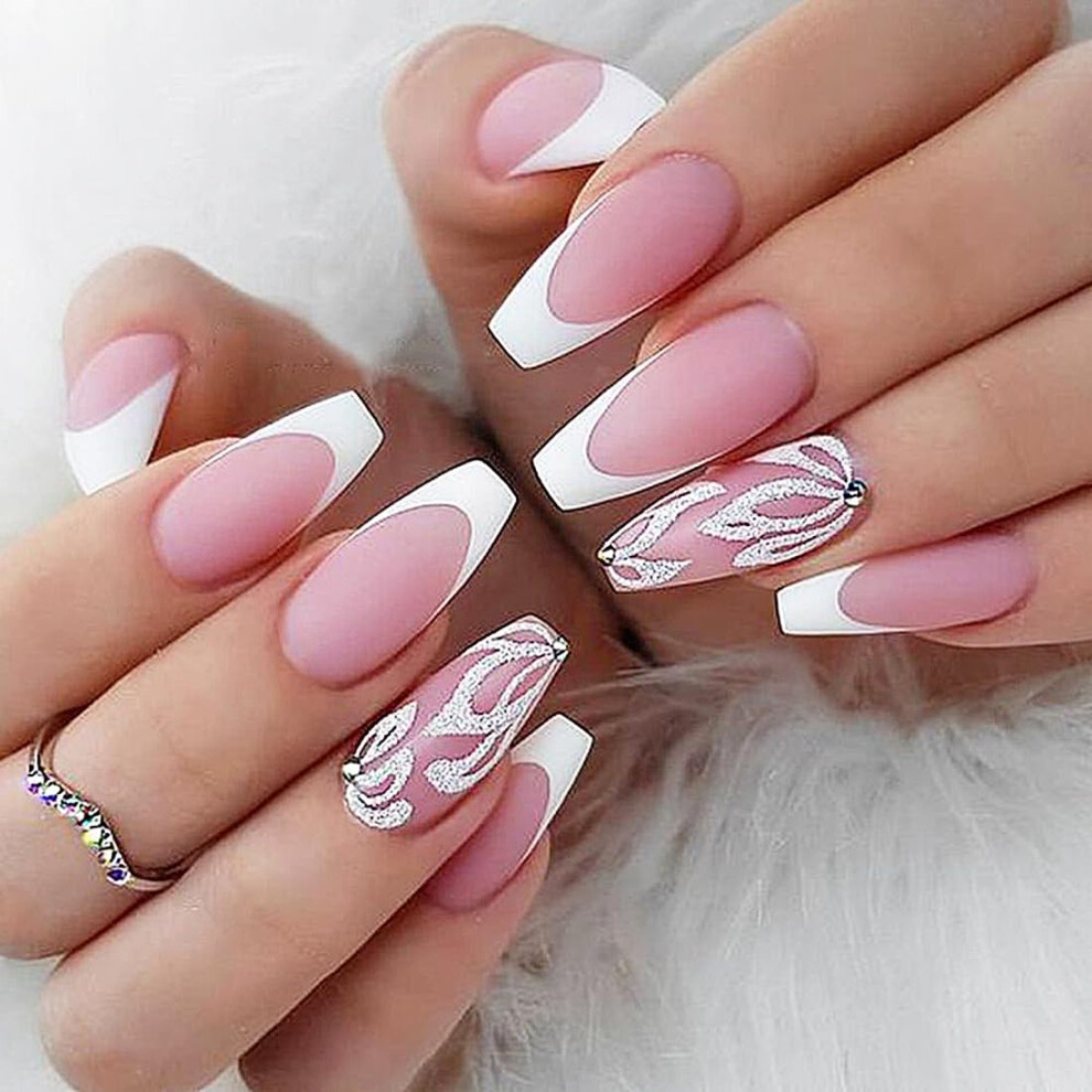 24Pcs Medium Coffin Press On Nails Pink Matte with Glitter Flowers and Pearl Accents with Glue