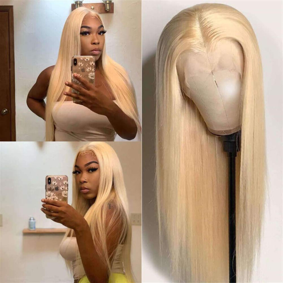 Unisex 613 Blonde 28 Inch Brazilian Human Hair Lace Front Wig Pre Plucked Hairline Density