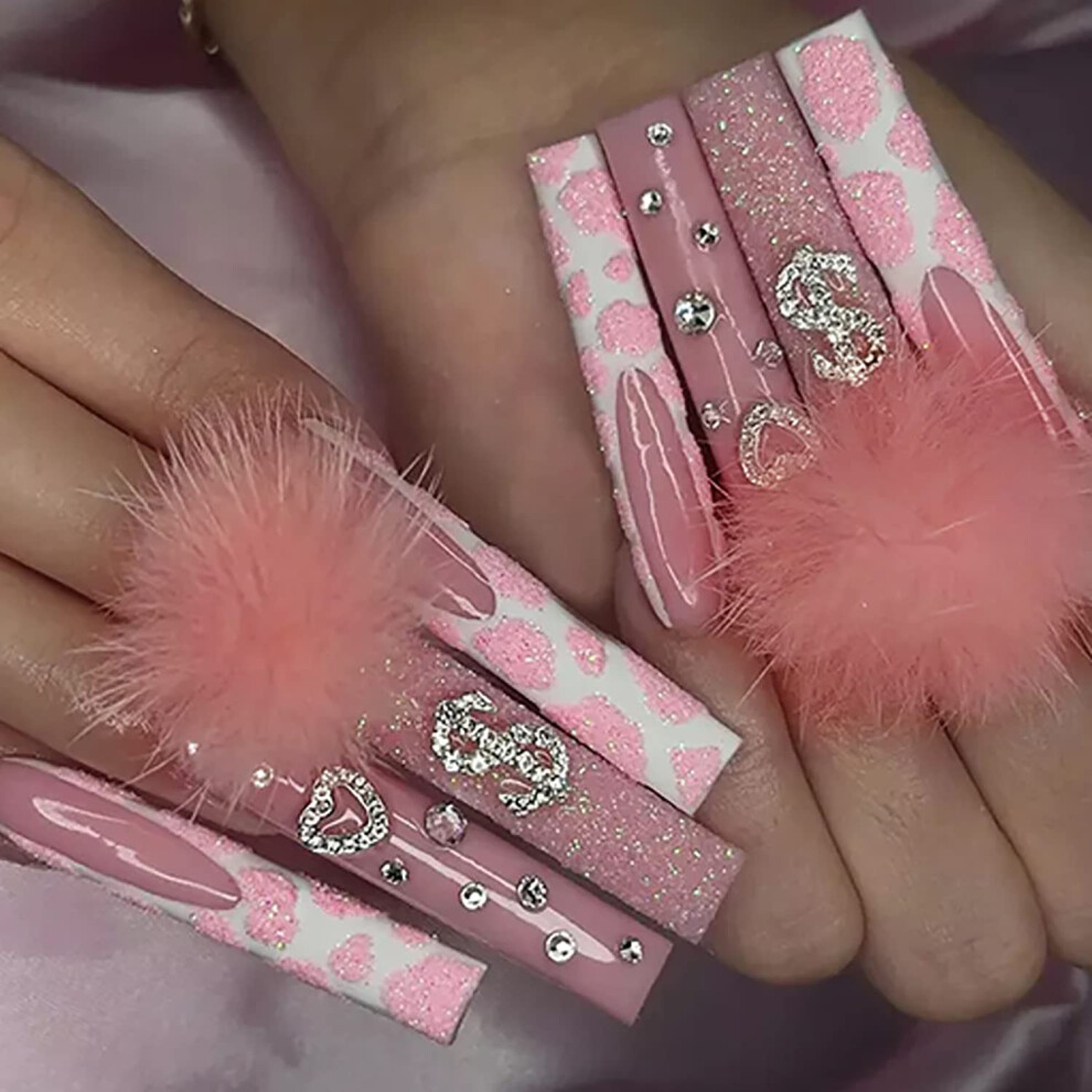 Long Square Press On Nails with Rhinestones, Reusable Coffin Fake Nail Kit for Women