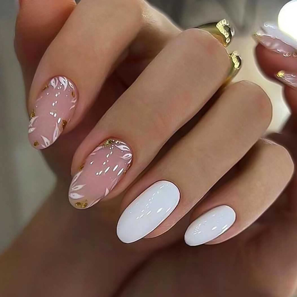 Pink Almond Shape Press On Nails Set Glossy Fake Nails For Women Reusable Fast Salonstyle 24Pcs