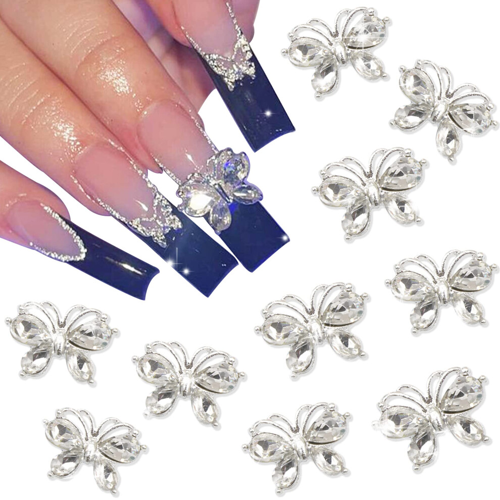 Silver 3D Butterfly Nail Charms With Rhinestones For Acrylic Gel Nails And Diy Jewelry Craft