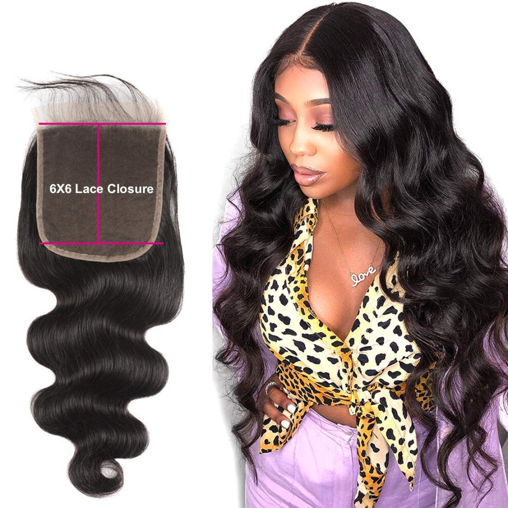 Unisex Black Brazilian Virgin Hair Closure 6X6 Body Wave Pre Plucked Lace With Baby Hair Natural 12 Inch