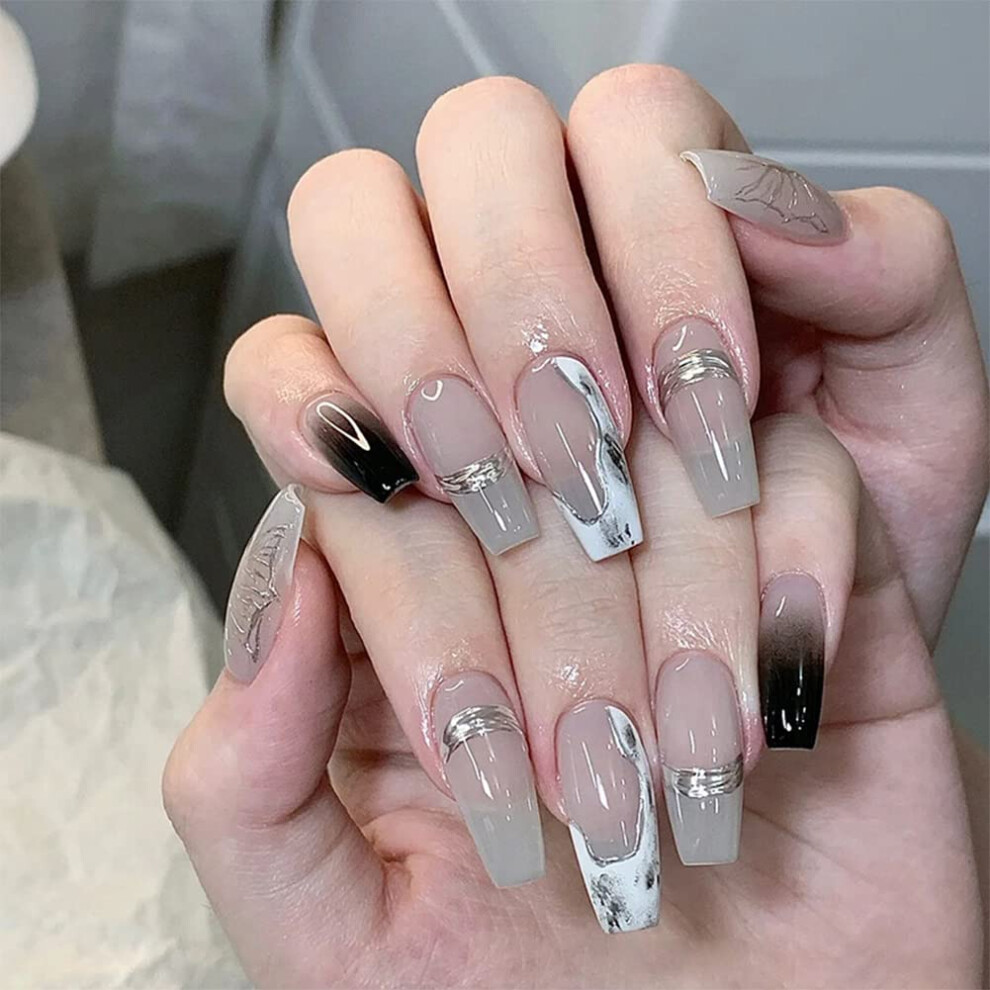 Grey Press On Nails Coffin Medium Length Butterfly Design Glossy Full Cover Fake Nails 24Pcs