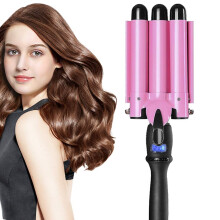 Triple Barrel Curling Iron with LCD Temperature Control, 1 Inch Ceramic Tourmaline Hair Waver, Light Pink