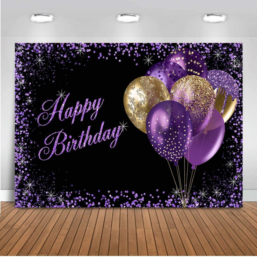 Happy Birthday Backdrop Glitter Balloons Birthday Photography Background Women Birthday Party Banner Decorations Purple 9389440815780