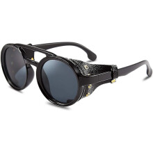 Okulary przeciwsłoneczne Steampunk okrągłe, vintage retro, oprawka plastikowa do brwi ze skórą - czarne