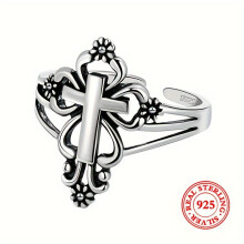 925-ös sterling ezüstözött gyűrű - vintage kereszt és virágminta, tökéletes ajándék születésnapra, Mardi Gras-ra, díszdobozban!