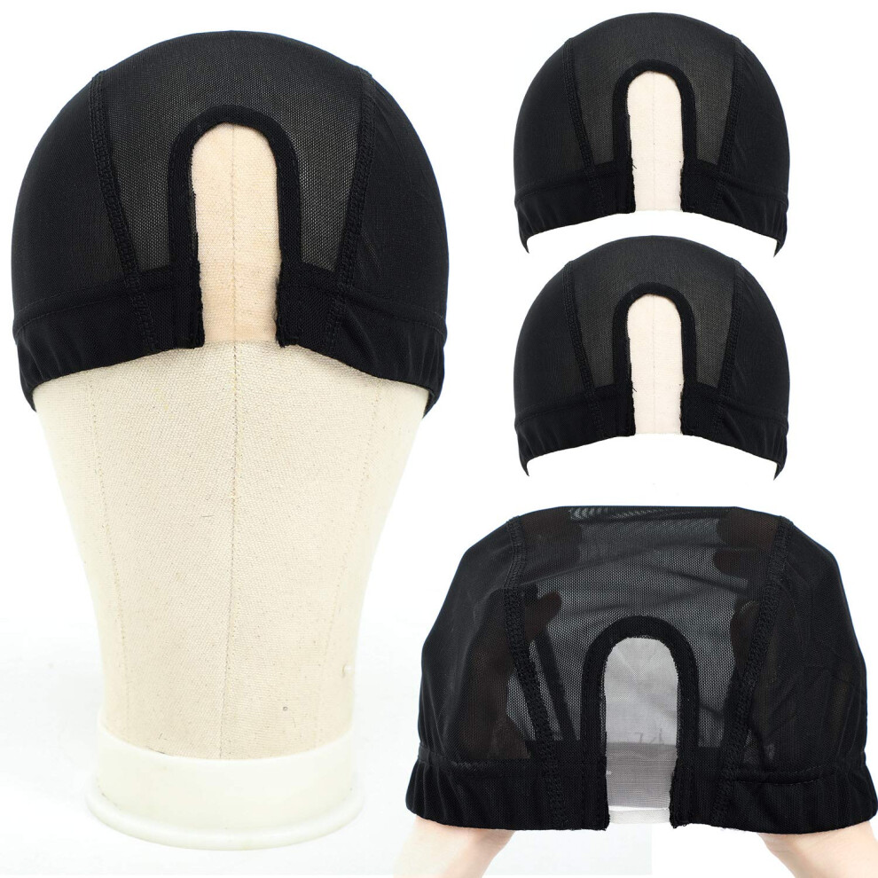 Unisex Black U Part Wig Cap 2Pcs Breathable Mesh Dome With Elastic Band For Making Wigs Stretch Fit