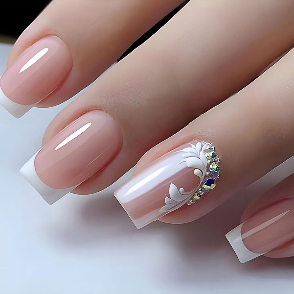 Short Square Press On Nails Nude Glitter Fake Nails with Rhinestones Full Cover Acrylic 24pcs