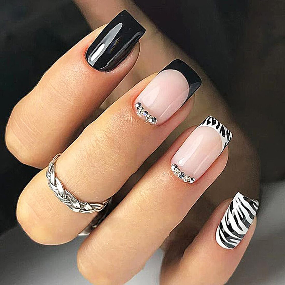 Square Press On Nails with Black Glitter Stripes, Reusable Fake Nails Kit for Women 24Pcs