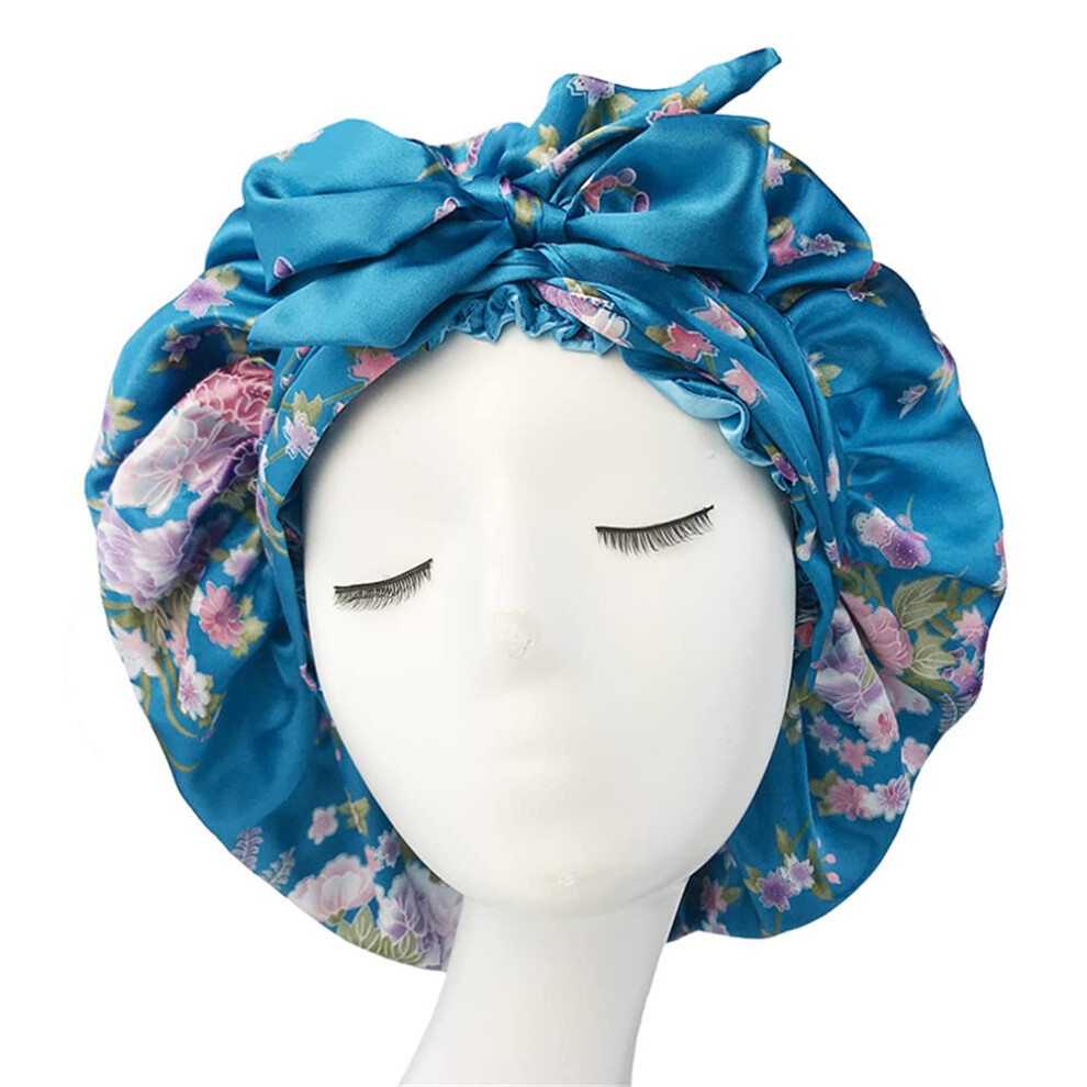 Satin Sleep Bonnet Double Layer for Curly Hair with Long Ribbon Silk Hair Wrap Adjustable Strap