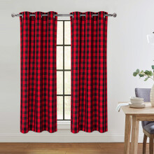 Haperlare Farmhouse Curtain 37"W x 54"L Light Filtering Plaid Window Curtain Drapes for Dining Room Living Room, Black Red, 2 Panels