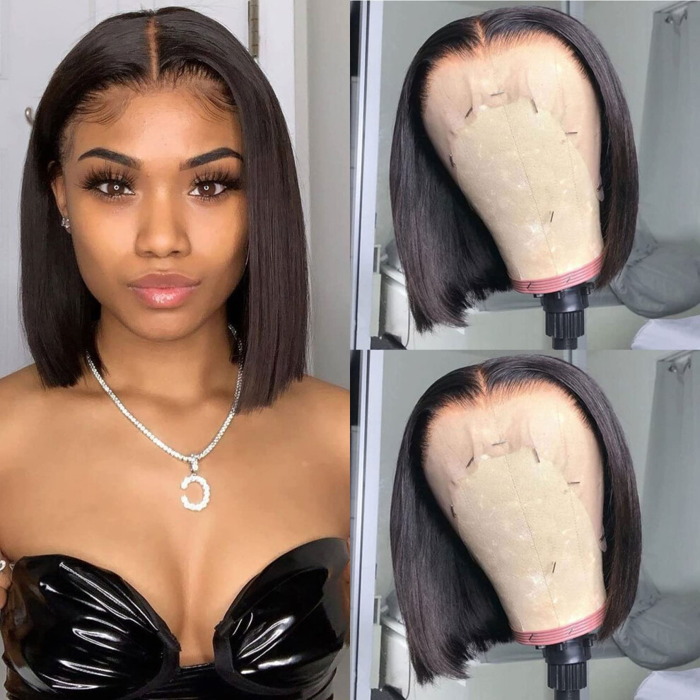 Unisex Human Hair Bob Wig 13X4x1 Glueless Lace Front Transparent Brazilian Straight Short Bob 12 Inch