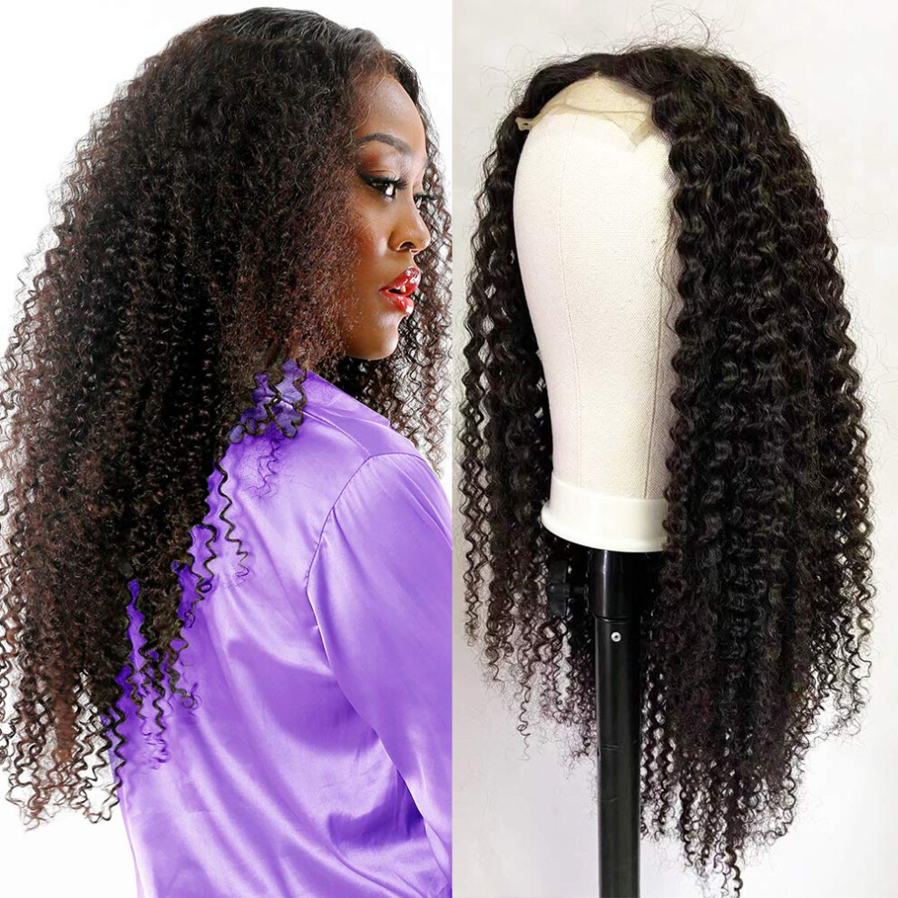Unisex 26 Inch Kinky Curly Human Hair Wig 4X4 Lace Closure Pre Plucked Virgin Brazilian Jerry Curl
