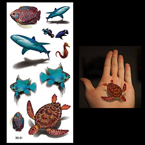 Temporary Tattoos 3D Waterproof Ocean Theme Shark Turtle Fish Quick Apply Removable 2 Sheets 2