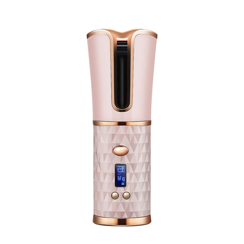 Pink Automatic Hair Curler Cordless Curling Iron With Ceramic Coating Lcd Display Usb Rechargeable