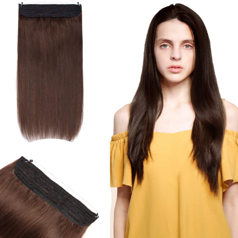 Unisex Brown 18' Dark Halo Human Hair Extensions 100G With Adjustable Invisible Wire For Instant Volume