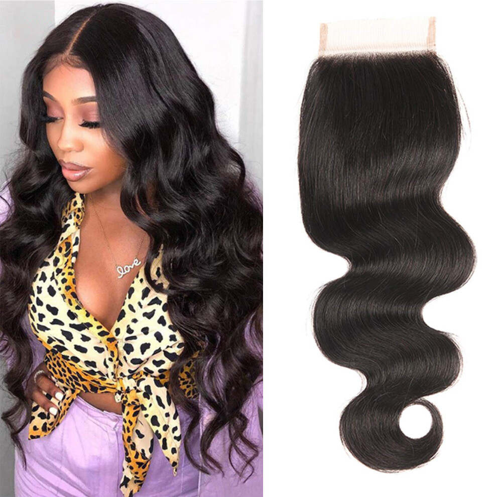 Unisex Lace Closure Human Hair 4X4 Pre Plucked Baby Hair Malaysian Virgin Body Wave 130 Density 12Inch