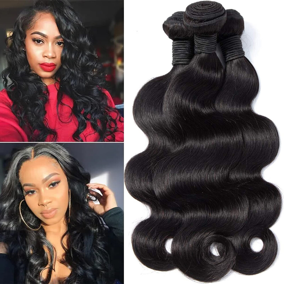 Unisex Black Brazilian Body Wave 3 Bundles Virgin Human Hair Extensions Natural Cuticle Aligned