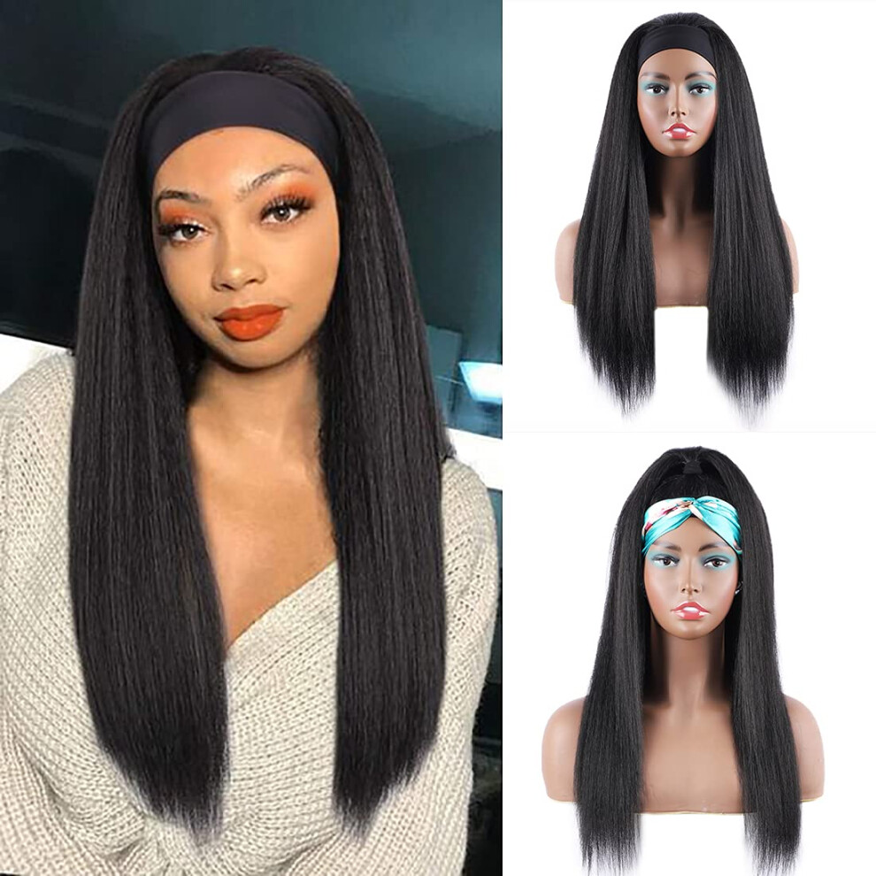 Unisex Black Headband Wig Kinky Straight Yaki Texture 22 Inch Natural Synthetic Hair For Daily Use