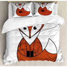 Fox Duvet Cover Sets, Cartoon Young Animal Character Spiral Patterns Friendly Charming, Bedding Set with 1 Duvet Cover & 2 Pillowcases, Orange Black