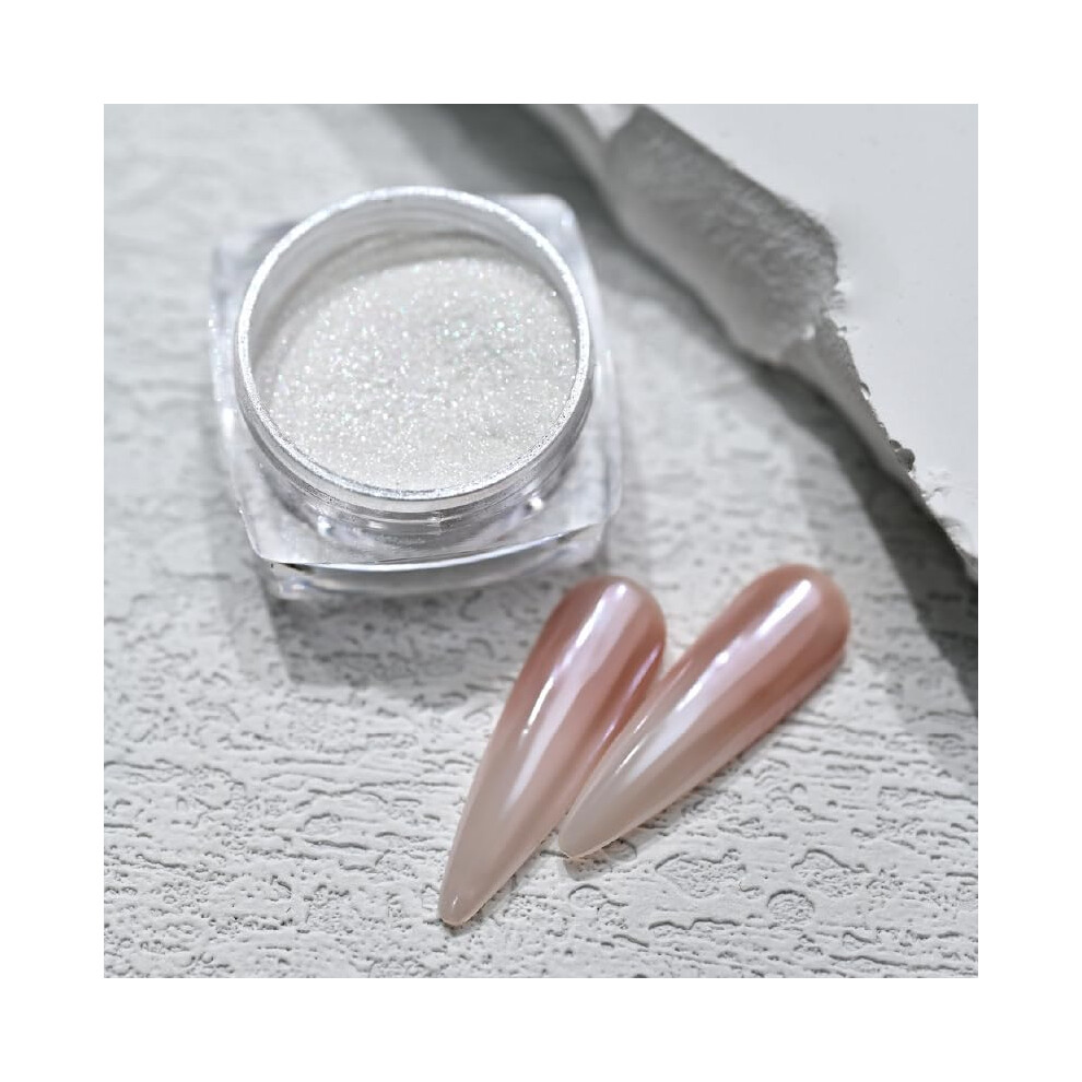 White Chrome Nail Powder With Applicators, Holographic Pearl Pigment For Mirror Effect Nails