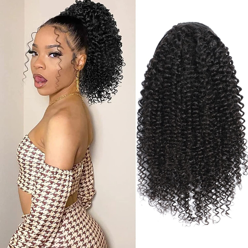 Unisex Black Curly Human Hair Ponytail Extension 3C Kinky Brazilian Drawstring Natural 12 Inch
