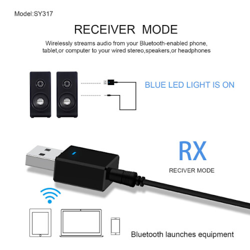 Bluetooth 5.0 Sender-/Empfängeradapter, AUX 3,5 mm, schwarz 2