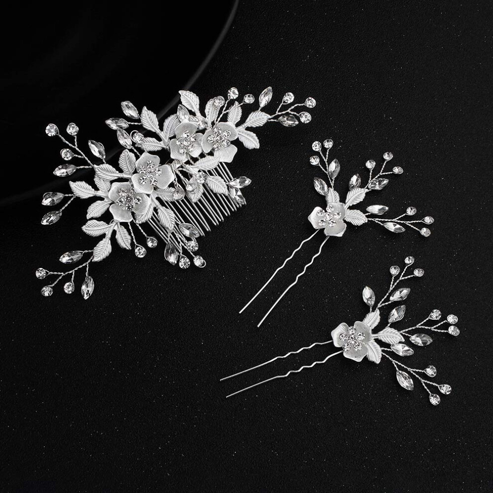 Wedding Hair Comb Vintage Silver Crystal Flower and Leaves Bridal Hair Accessories for Brides