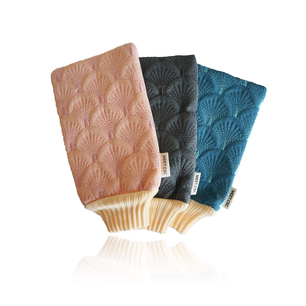 3Piece Exfoliating Shower Gloves with Fishscale Pattern, Natural Fiber Body Scrubber Mittens