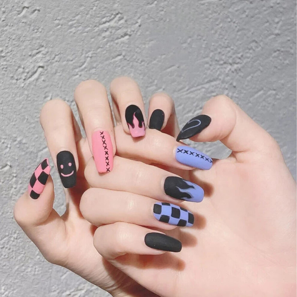 Blue,Black,Red Press On Nails Coffin Shape Medium Length Glossy Ballerina Set With Glue Red Blue Black 24Pcs