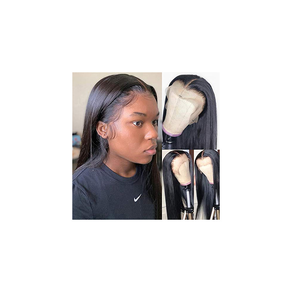 Unisex Black 13X4 Hd Lace Front Wig Human Hair Brazilian Straight Pre Plucked Natural Hairline 1B 10Inch