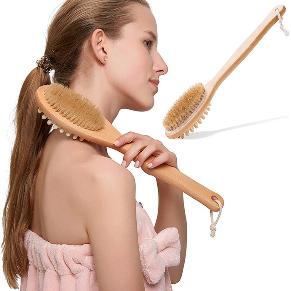 Natural Bristle Body Brush for Gentle Skin Exfoliation, Wet and Dry Back Scrubber with Massage Effect