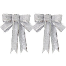 Set of 2 Glitter Christmas Tree Bows 15cm Silver Ornaments with Gold Trim for Holiday Décor
