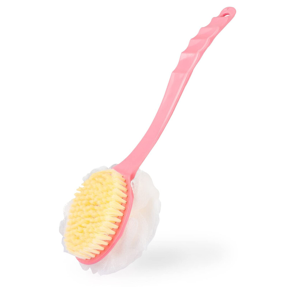 Bath Brush with Long Curved Handle, DualSided Bristles and Loofah, Shower Scrubber Pink