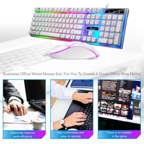 Updated Wired Computer Desktop Gaming Keyboard & Mouse Set,Mechanical Feel Multiple Color Rainbow Led Light Backlit,White 2