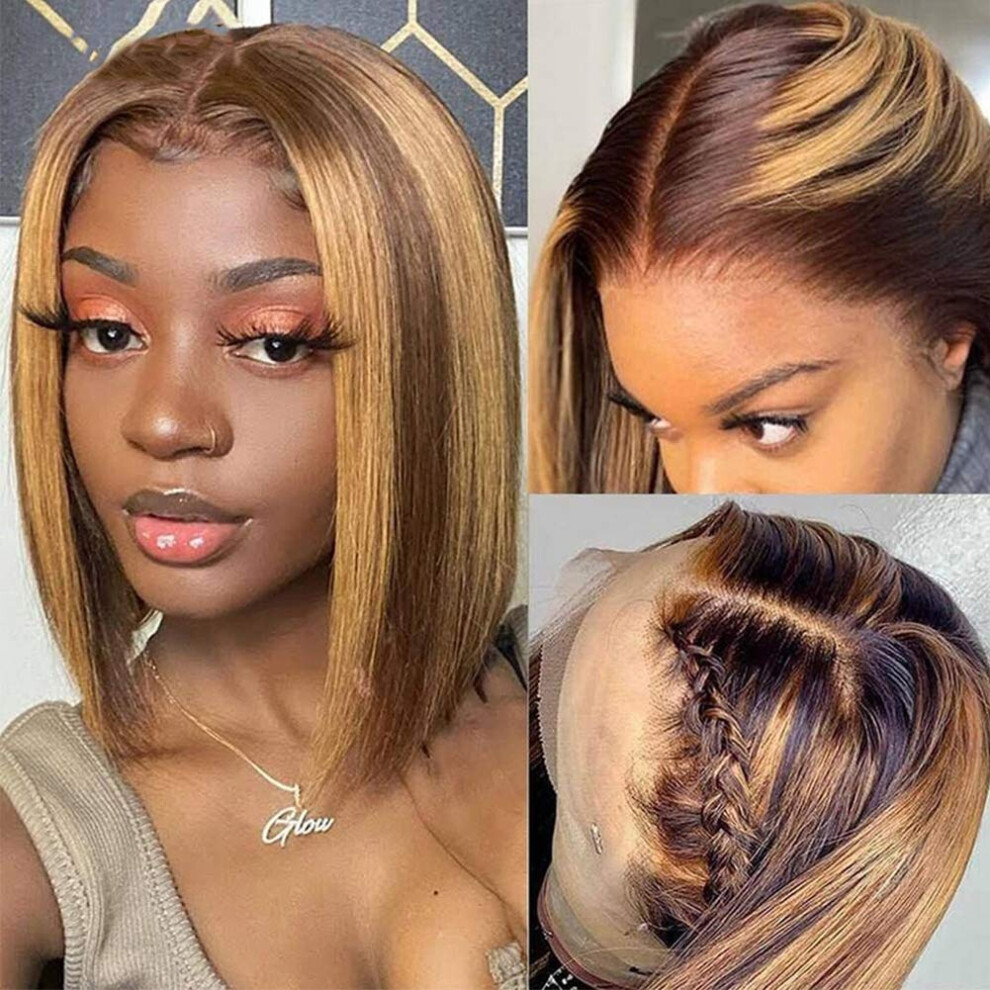 Unisex Black Short Human Hair Lace Front Wig Ombre Highlights 13X6 Brazilian Straight Wig For Women