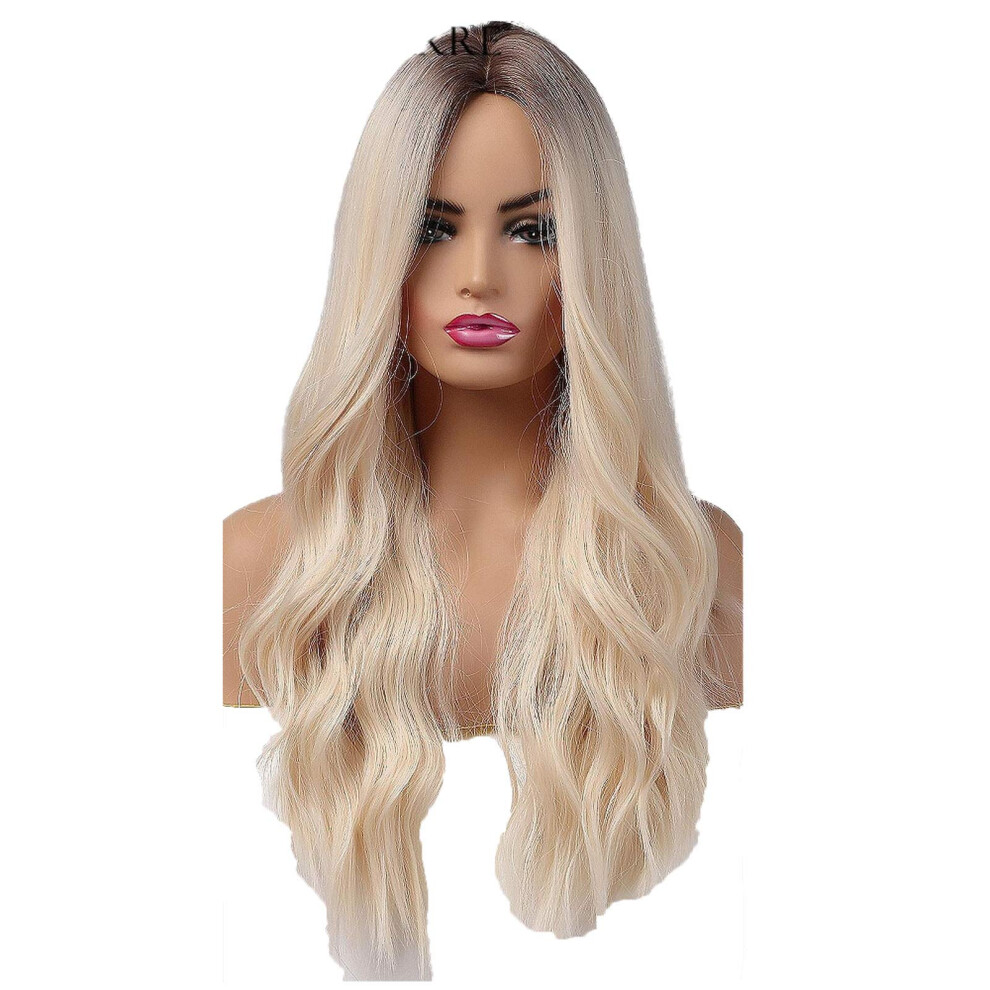 Unisex Black,Brown Ombre Wavy Wig Long Synthetic Heat Resistant Middle Part Black Brown Natural Waves For Women