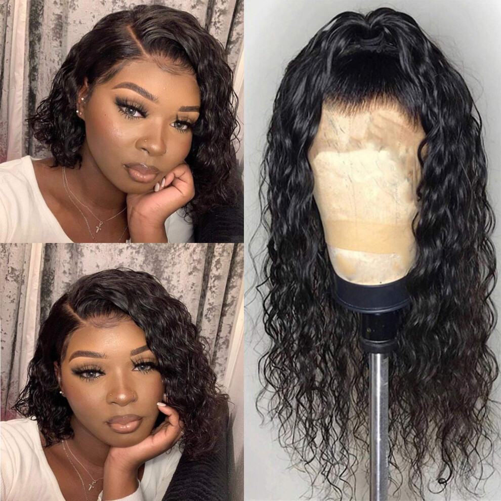 Unisex 14 Inch 13X4 Water Wave Human Hair Lace Front Wig 1B Brazilian Glueless Undetectable Hairline