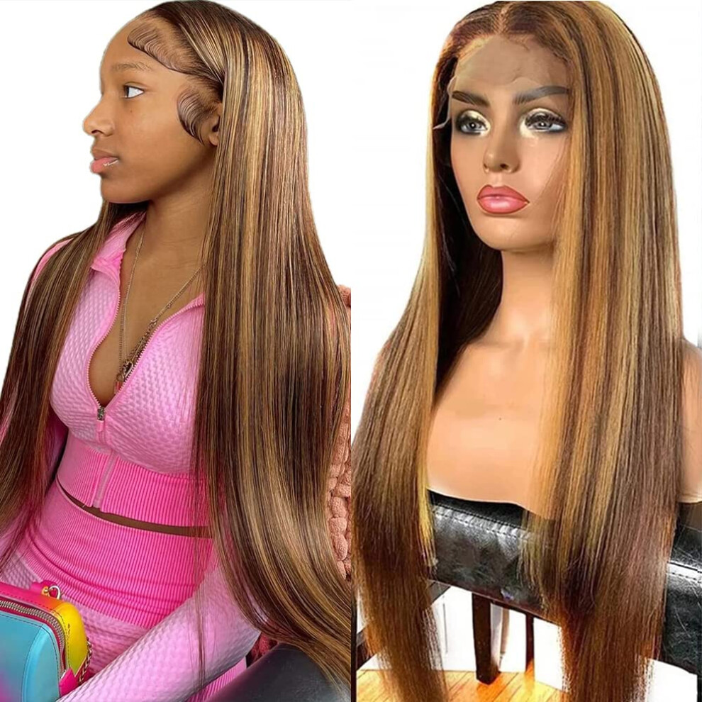 Unisex Brown 13X4 Hd Lace Front Brazilian Virgin Human Hair Wig Ombre To Honey Blonde Straight Pre Plucked Glueless 150% Density 18 Inch