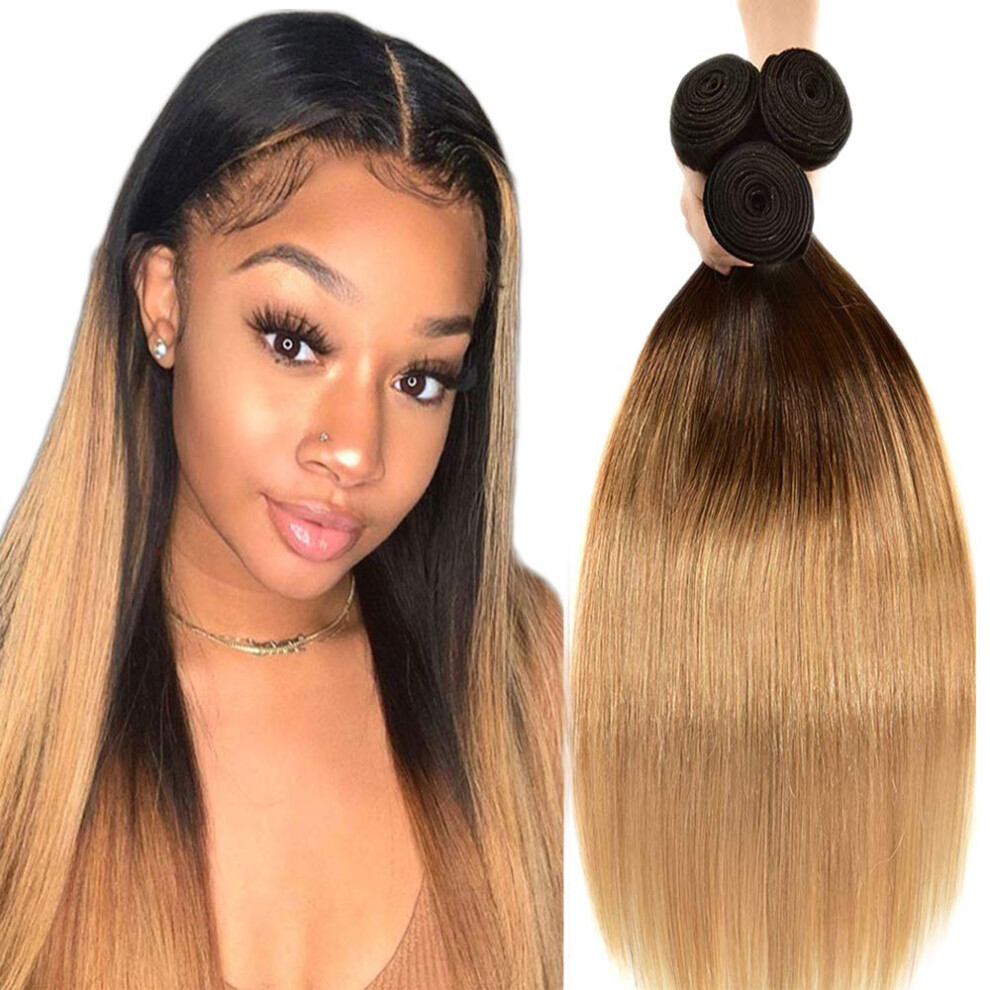 Unisex Brazilian Human Hair Bundles 1B27 Ombre Straight Weave 3Pcs Honey Blonde Virgin Hair Extensions 8A