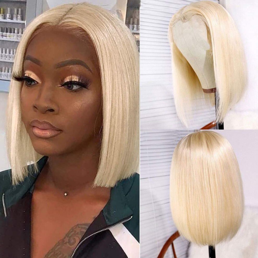 Unisex 613 Blonde Bob Wig Human Hair Lace Front 10 Inch Brazilian Virgin With Pre Plucked Baby Hair